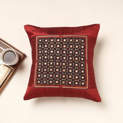 Kutch Jat Hand Embroidery Silk Cushion Cover (16 x 16 in)