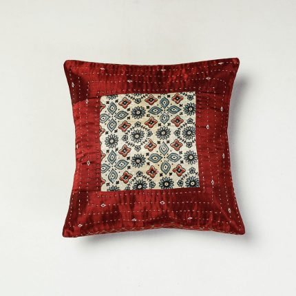 Kutch Tagai Work Ajrakh Mashru Silk Cushion Cover (12 x 12 in)
