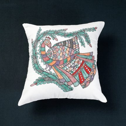 Madhubani Handpainted Cotton Cushion Cover (16 x 16 in)