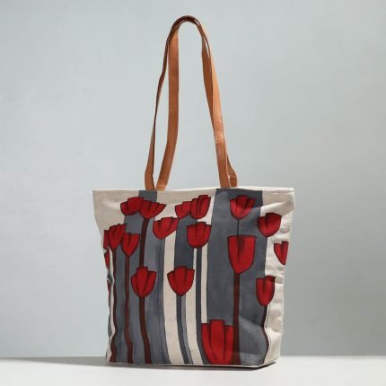 Red Flower - Hand-painted Canvas Cotton Shoulder Bag