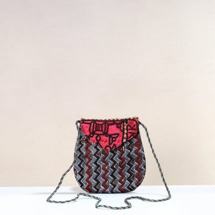 Handcrafted Ajrakh Mashru Silk Sling Bag with Embroidery Flap