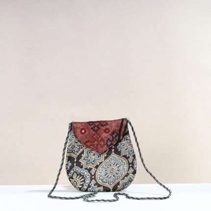 Handcrafted Ajrakh Mashru Silk Sling Bag with Embroidery Flap