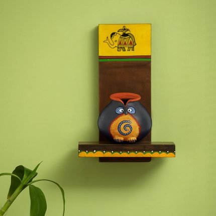 Hand-painted Terracotta Pot on Wooden Wall Shelf